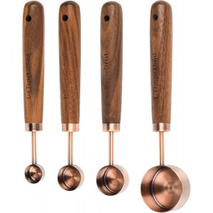 Smithcraft Copper Measuring Cups & Spoons Set 8, Stainless Steel Measuring Cups and Spoons Set for Baking and Kitchen, Metric & US Metal Measure Cup & Spoon with Wood Handle for Dry & Liquid