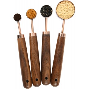 Smithcraft Copper Measuring Cups & Spoons Set 8, Stainless Steel Measuring Cups and Spoons Set for Baking and Kitchen, Metric & US Metal Measure Cup & Spoon with Wood Handle for Dry & Liquid