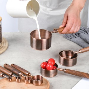 Smithcraft Copper Measuring Cups & Spoons Set 8, Stainless Steel Measuring Cups and Spoons Set for Baking and Kitchen, Metric & US Metal Measure Cup & Spoon with Wood Handle for Dry & Liquid