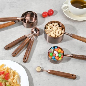 Smithcraft Copper Measuring Cups & Spoons Set 8, Stainless Steel Measuring Cups and Spoons Set for Baking and Kitchen, Metric & US Metal Measure Cup & Spoon with Wood Handle for Dry & Liquid