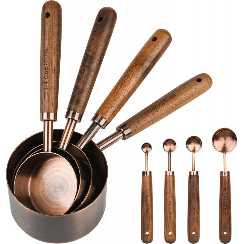 Smithcraft Copper Measuring Cups & Spoons Set 8, Stainless Steel Measuring Cups and Spoons Set for Baking and Kitchen, Metric & US Metal Measure Cup & Spoon with Wood Handle for Dry & Liquid