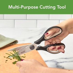 Tovolo Elements All Purpose Kitchen Shears with Cover Sheath Heavy Duty Meat Poultry Sharp Kitchen Utility Scissors Dishwasher Safe Soft Comfort Grip Silicone Handle Magnetic Sheath, Oatmeal & Black