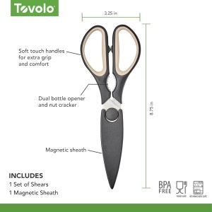 Tovolo Elements All Purpose Kitchen Shears with Cover Sheath Heavy Duty Meat Poultry Sharp Kitchen Utility Scissors Dishwasher Safe Soft Comfort Grip Silicone Handle Magnetic Sheath, Oatmeal & Black