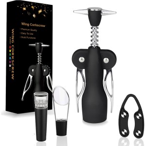 Cork Screw Wine Bottle Opener - Corkscrew Wine Opener Set, 4 Piece Stainless Steel Wine Opener Kit | Durable Wing Corkscrew, Wine Bottle Opener, Heavy-Duty Cork Remover for Home, Kitchen, Restaurants