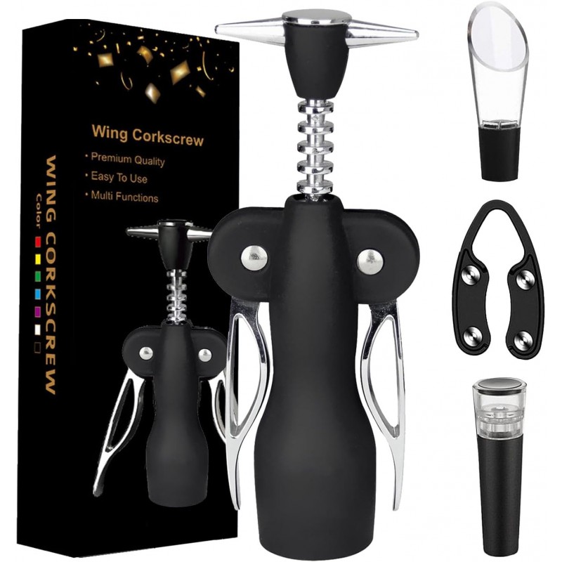 Cork Screw Wine Bottle Opener - Corkscrew Wine Opener Set, 4 Piece Stainless Steel Wine Opener Kit | Durable Wing Corkscrew, Wine Bottle Opener, Heavy-Duty Cork Remover for Home, Kitchen, Restaurants