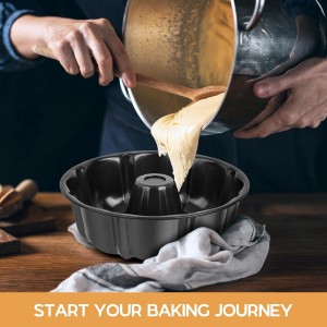 Onader 10 Inch Cake Pan, Non-Stick Round Fluted Tube Pan for Baking Pound Cake, 10 Cups Large Heavy Duty Carbon Steel Baking Mold Bakeware, Black