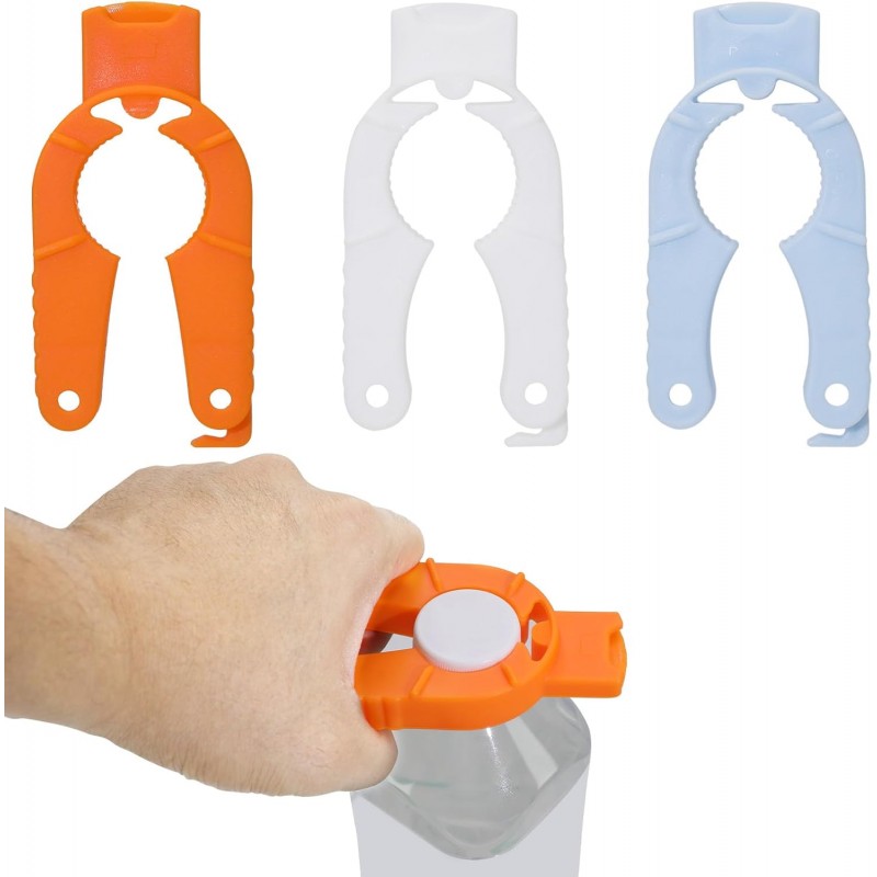 3 Pack Plastic Bottle Cap Opener, 3 in 1 Multi-Purpose Water Bottle Opener, Water Bottle Opener for Arthritic Hands or Home, Kitchen, Camping, and Outdoor Adventures, (Orange, Blue, White)