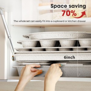 11-Piece Kitchen Nonstick Stackable Bakeware Set, Non Toxic Bakeware Sets with Silicone Handles, Includes Cookie Sheets, Cake Pan, Loaf Pan, Pizza Pan, Muffin Pan, White