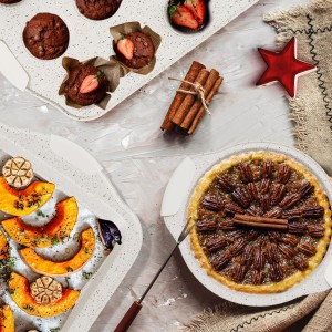 11-Piece Kitchen Nonstick Stackable Bakeware Set, Non Toxic Bakeware Sets with Silicone Handles, Includes Cookie Sheets, Cake Pan, Loaf Pan, Pizza Pan, Muffin Pan, White