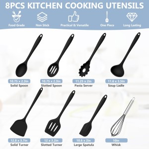 TeamFar 8 PCS Silicone Cooking Utensils - 446°F Heat Resistant Kitchen Silicon Utensils Set, Turner, Spatula, Spoon, Whisk, Kitchen Cooking Gadgets Tools for Nonstick Cookware, Dishwasher Safe-Black