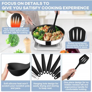 TeamFar 8 PCS Silicone Cooking Utensils - 446°F Heat Resistant Kitchen Silicon Utensils Set, Turner, Spatula, Spoon, Whisk, Kitchen Cooking Gadgets Tools for Nonstick Cookware, Dishwasher Safe-Black
