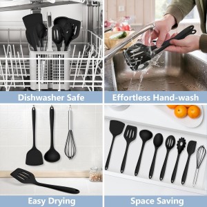 TeamFar 8 PCS Silicone Cooking Utensils - 446°F Heat Resistant Kitchen Silicon Utensils Set, Turner, Spatula, Spoon, Whisk, Kitchen Cooking Gadgets Tools for Nonstick Cookware, Dishwasher Safe-Black