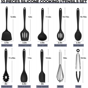 TeamFar Silicone Cooking Utensils, 10 pcs Kitchen Cooking Utensils Set, 446°F Heat Resistant Kitchen Gadgets Tools Set w/Spatula, Turners, Spoons, Soup Ladle, Pasta Server for Nonstick Cookware, Black