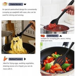 TeamFar Silicone Cooking Utensils, 10 pcs Kitchen Cooking Utensils Set, 446°F Heat Resistant Kitchen Gadgets Tools Set w/Spatula, Turners, Spoons, Soup Ladle, Pasta Server for Nonstick Cookware, Black