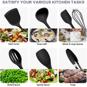 TeamFar Silicone Cooking Utensils, 10 pcs Kitchen Cooking Utensils Set, 446°F Heat Resistant Kitchen Gadgets Tools Set w/Spatula, Turners, Spoons, Soup Ladle, Pasta Server for Nonstick Cookware, Black