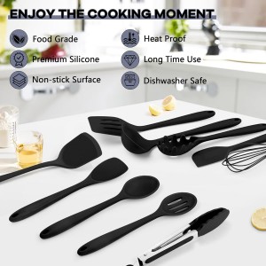 TeamFar Silicone Cooking Utensils, 10 pcs Kitchen Cooking Utensils Set, 446°F Heat Resistant Kitchen Gadgets Tools Set w/Spatula, Turners, Spoons, Soup Ladle, Pasta Server for Nonstick Cookware, Black