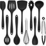 TeamFar Silicone Cooking Utensils, 10 pcs Kitchen Cooking Utensils Set, 446°F Heat Resistant Kitchen Gadgets Tools Set w/Spatula, Turners, Spoons, Soup Ladle, Pasta Server for Nonstick Cookware, Black