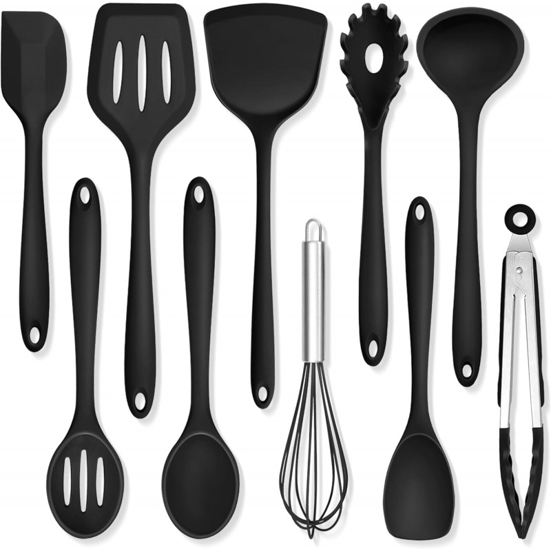 TeamFar Silicone Cooking Utensils, 10 pcs Kitchen Cooking Utensils Set, 446°F Heat Resistant Kitchen Gadgets Tools Set w/Spatula, Turners, Spoons, Soup Ladle, Pasta Server for Nonstick Cookware, Black