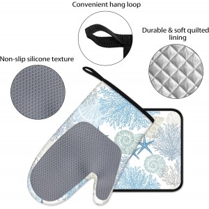 Coastal Oven Mitts and Pot Holders Sets of 4 Nautical Kitchen Decor Starfish Seashell Beach Ocean Themed Kitchen Mitts Potholders Silicone Heat Resistant Oven Gloves Hot Pads for Baking BBQ Grilling