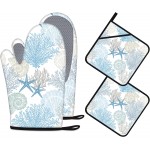 Coastal Oven Mitts and Pot Holders Sets of 4 Nautical Kitchen Decor Starfish Seashell Beach Ocean Themed Kitchen Mitts Potholders Silicone Heat Resistant Oven Gloves Hot Pads for Baking BBQ Grilling