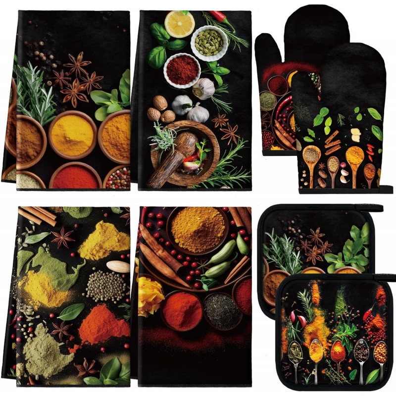 8 Pcs Colorful Spices Kitchen Towels Pot Holders and Oven Mitt Set 4 Cooking Herb Dish Towels 2 Rustic Absorbent Square Potholders 2 Heat Resistant Glove for Cooking Baking Home Gifting