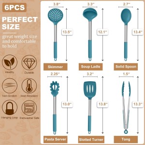 LIANYU Silicone Kitchen Cooking Utensils Set, 6Pcs Heat Resistant Kitchen Tools Spatula for Nonstick Cookware, Slotted Turner, Spoon, Soup Ladle, Pasta Server, Skimmer, Tongs, Blue