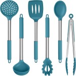LIANYU Silicone Kitchen Cooking Utensils Set, 6Pcs Heat Resistant Kitchen Tools Spatula for Nonstick Cookware, Slotted Turner, Spoon, Soup Ladle, Pasta Server, Skimmer, Tongs, Blue