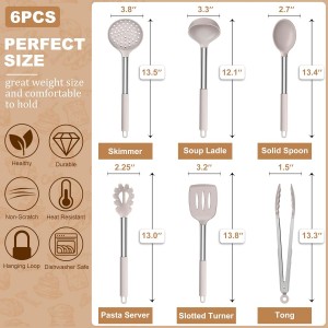 LIANYU Cooking Utensils Set of 6, Silicone Kitchen Utensils Set for Nonstick Cookware, Heat Resistant Kitchen Gadgets Tools, Includes Spatulas, Spoons, Tongs, Stainless Steel Handle, Khaki