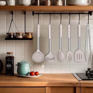 LIANYU Cooking Utensils Set of 6, Silicone Kitchen Utensils Set for Nonstick Cookware, Heat Resistant Kitchen Gadgets Tools, Includes Spatulas, Spoons, Tongs, Stainless Steel Handle, Khaki