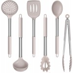LIANYU Cooking Utensils Set of 6, Silicone Kitchen Utensils Set for Nonstick Cookware, Heat Resistant Kitchen Gadgets Tools, Includes Spatulas, Spoons, Tongs, Stainless Steel Handle, Khaki