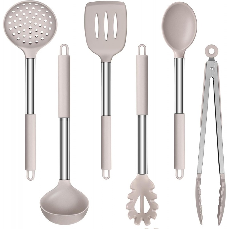 LIANYU Cooking Utensils Set of 6, Silicone Kitchen Utensils Set for Nonstick Cookware, Heat Resistant Kitchen Gadgets Tools, Includes Spatulas, Spoons, Tongs, Stainless Steel Handle, Khaki