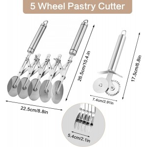 5 Wheel Pastry Cutter, Stainless Steel Dough Cutter Wheel with Handle, Dual Fluted Ravioli Pasta Noodle Pizza Slicer, Expandable Round Pastry Knife, Versatile Cookie Dough Divider
