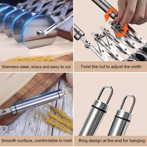 5 Wheel Pastry Cutter, Stainless Steel Dough Cutter Wheel with Handle, Dual Fluted Ravioli Pasta Noodle Pizza Slicer, Expandable Round Pastry Knife, Versatile Cookie Dough Divider