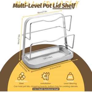 Pot Lid Holder While Cooking, Pot Lid Organizer 304 Stainless Steel, Pan Cover Spoon Rest and Cutting Board Stand, Pot Lid Rack for Stove Top with Suction Cup & Drip Tray