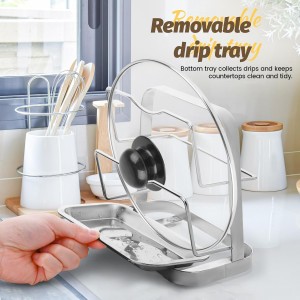 Pot Lid Holder While Cooking, Pot Lid Organizer 304 Stainless Steel, Pan Cover Spoon Rest and Cutting Board Stand, Pot Lid Rack for Stove Top with Suction Cup & Drip Tray