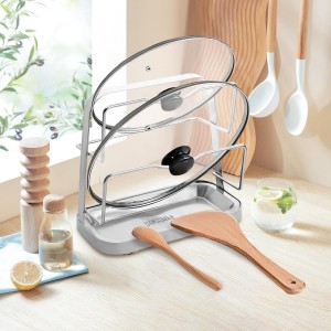Pot Lid Holder While Cooking, Pot Lid Organizer 304 Stainless Steel, Pan Cover Spoon Rest and Cutting Board Stand, Pot Lid Rack for Stove Top with Suction Cup & Drip Tray