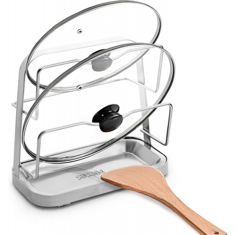 Pot Lid Holder While Cooking, Pot Lid Organizer 304 Stainless Steel, Pan Cover Spoon Rest and Cutting Board Stand, Pot Lid Rack for Stove Top with Suction Cup & Drip Tray