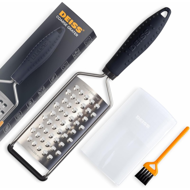 Deiss PRO Coarse Grater & Hand Held Cheese Grater - Sharp Stainless Steel Blades, Non-Slip Handle, Small Cheese Grater for Kitchen, Shredder, Dishwasher Safe