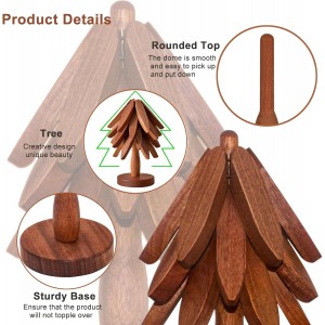 Wooden Trivets for Hot Dishes,Tree Shape Trivet Set,4 Wooden Trivets+1 Stand,Stored Like a Christmas Tree,Natural Foldable Kitchen Wooden Trivet,for Hot Dishes、Pot、Bowl、Teapot、Teacups(Walnut Wood)