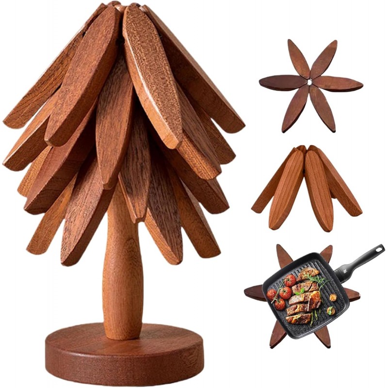 Wooden Trivets for Hot Dishes,Tree Shape Trivet Set,4 Wooden Trivets+1 Stand,Stored Like a Christmas Tree,Natural Foldable Kitchen Wooden Trivet,for Hot Dishes、Pot、Bowl、Teapot、Teacups(Walnut Wood)