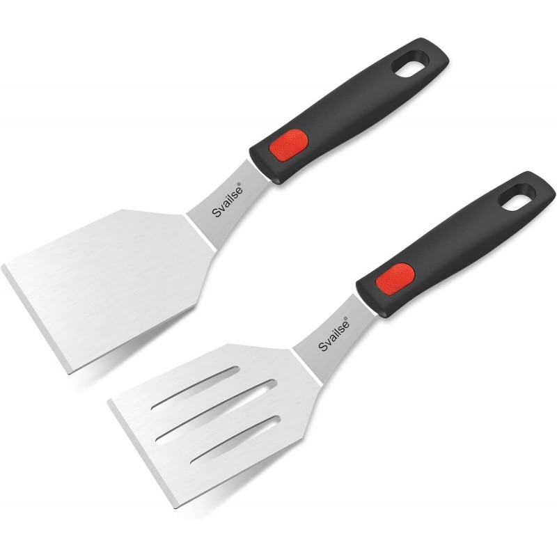 2Pcs Stainless Steel Spatula Set, Metal Turners for Kitchen Use, Metal Cooking Utensils for Cast Iron Skillet with Silicone Handle, Spatula Flipper for Frying Egg, Brownie, Cookies or Pancake