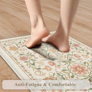 KIMODE Anti Fatigue Mats for Kitchen Floor Non Slip,Farmhouse Boho Floral Standing Kitchen Rugs Sets of 2,Comfort Cushioned Padded Ergonomic Carpet for Laundry Sink Office,Beige