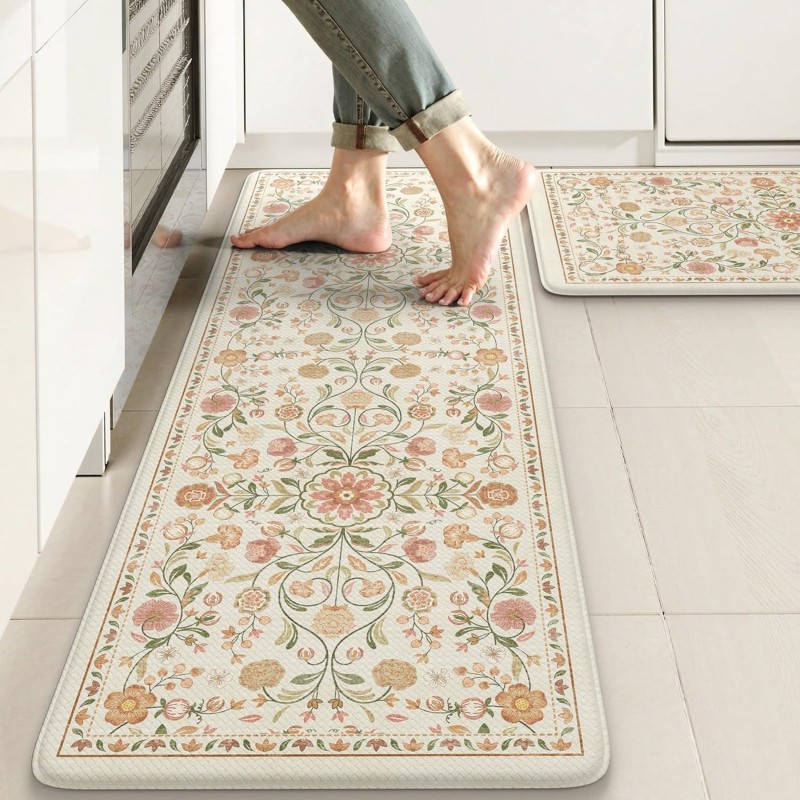 KIMODE Anti Fatigue Mats for Kitchen Floor Non Slip,Farmhouse Boho Floral Standing Kitchen Rugs Sets of 2,Comfort Cushioned Padded Ergonomic Carpet for Laundry Sink Office,Beige
