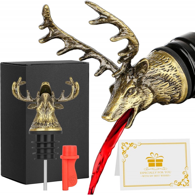 Deer Head Liquor Pourers Spout, Deer Wine Bottle Pourer and Stopper for Wine Spirits, Stag Gifts Birthday Gifts Hunting Gifts for Hunters Men Women, Bronze