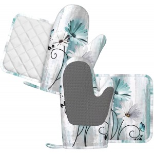 Teal Daisy Oven Mitts Pot Holders Set Silicone Heat Resistant Farm Teal Daisy Floral Flowers and Butterfly Oven Mitts and Hot Pads Potholders Non-Slip Oven Gloves for BBQ