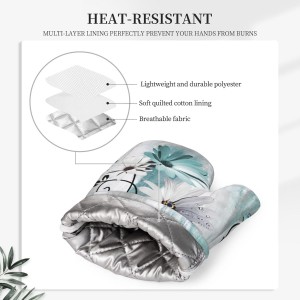 Teal Daisy Oven Mitts Pot Holders Set Silicone Heat Resistant Farm Teal Daisy Floral Flowers and Butterfly Oven Mitts and Hot Pads Potholders Non-Slip Oven Gloves for BBQ