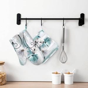 Teal Daisy Oven Mitts Pot Holders Set Silicone Heat Resistant Farm Teal Daisy Floral Flowers and Butterfly Oven Mitts and Hot Pads Potholders Non-Slip Oven Gloves for BBQ