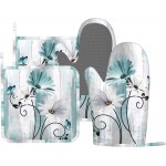 Teal Daisy Oven Mitts Pot Holders Set Silicone Heat Resistant Farm Teal Daisy Floral Flowers and Butterfly Oven Mitts and Hot Pads Potholders Non-Slip Oven Gloves for BBQ