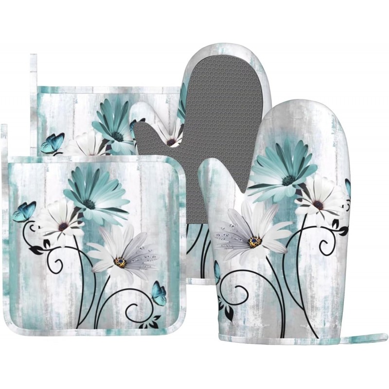 Teal Daisy Oven Mitts Pot Holders Set Silicone Heat Resistant Farm Teal Daisy Floral Flowers and Butterfly Oven Mitts and Hot Pads Potholders Non-Slip Oven Gloves for BBQ
