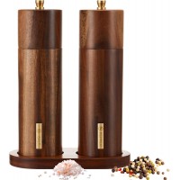 Wooden Salt and Pepper Grinder Set 8 Inch Manual Salt and Pepper Mill with Tray Adjustable Coarseness Refillable Wood Grinders with Gold Bottle Label for Kitchen Christmas Home Gift(Wood Color)